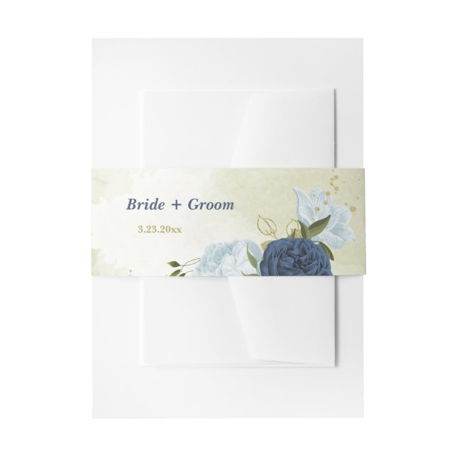 Cintas Para Invitaciones flores azules polvorientas verde hojas boda (Anverso Ejemplo)