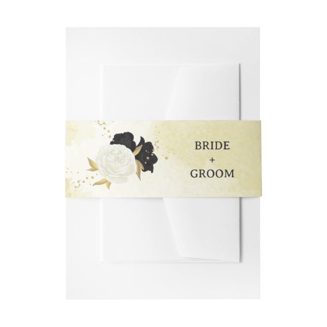 Cintas Para Invitaciones flores blancas negras hojas de oro boda (Anverso Ejemplo)