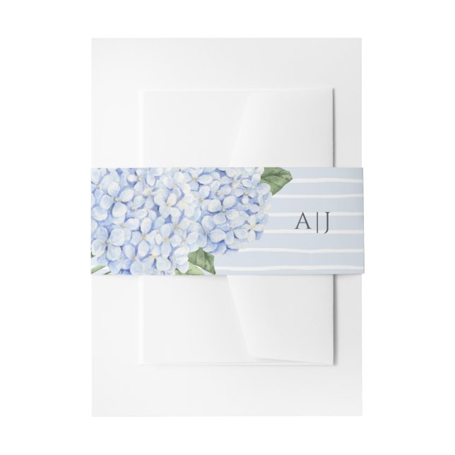 Cintas Para Invitaciones Flores de hidrangea azul con franjas personalizada (Anverso Ejemplo)