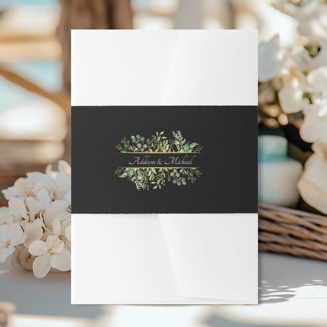 Cintas Para Invitaciones Flores de oro verde (Flowers Green Gold Invitation Belly Band with your names)