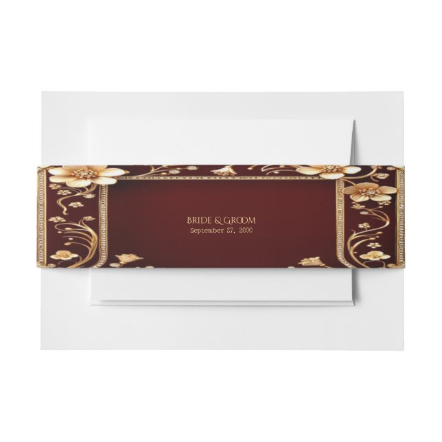 Cintas Para Invitaciones Flores doradas de Borgoña (Anverso Ejemplo)
