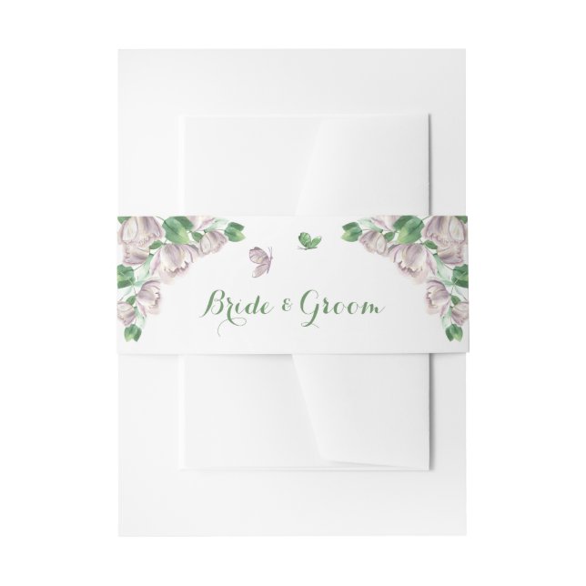 Cintas Para Invitaciones flores moradas hojas verdes boda (Anverso Ejemplo)