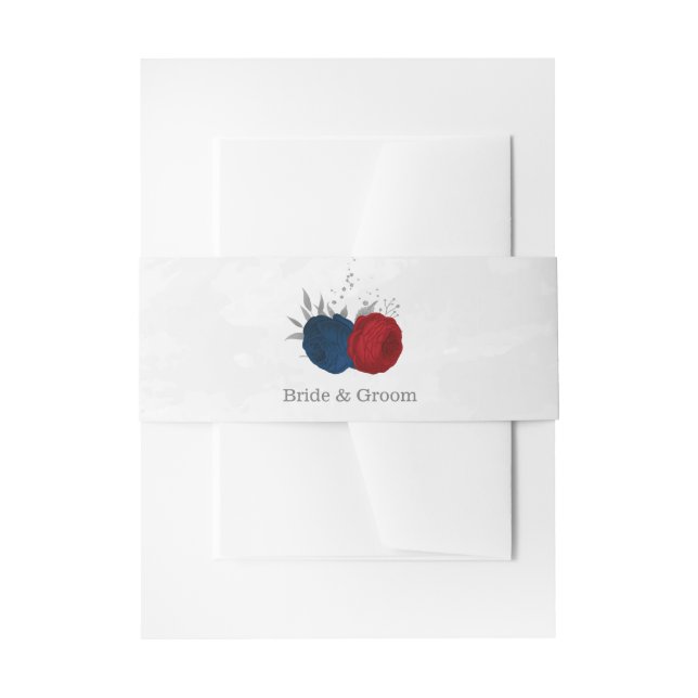 Cintas Para Invitaciones flores rojas y azul marino boda botánico plateado (Anverso Ejemplo)