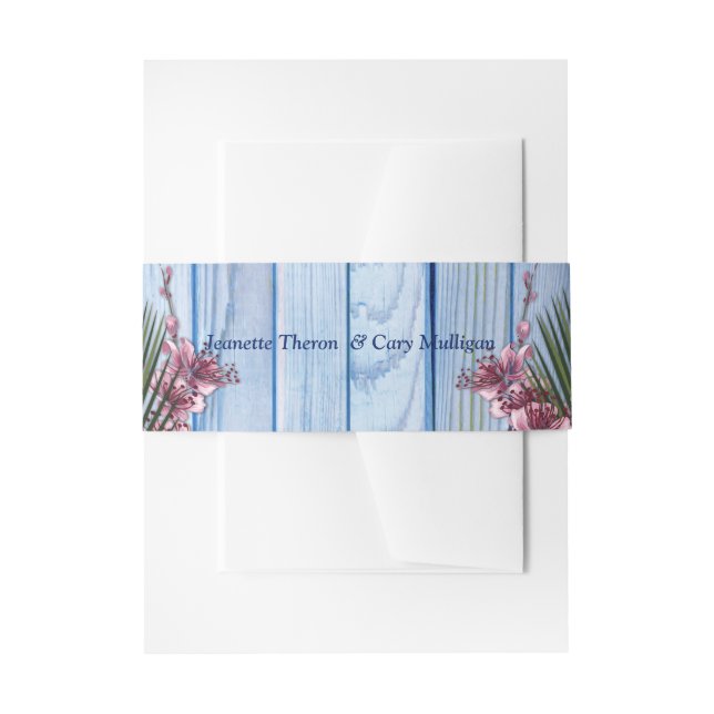 Cintas Para Invitaciones Flores rosadas en banda Belly de textura de madera (Anverso Ejemplo)