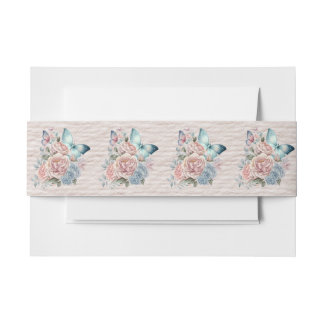 Cintas Para Invitaciones Flores rosadas y azules y mariposa