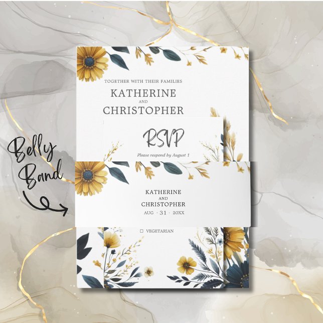 Cintas Para Invitaciones Flores salvajes amarillas azul elegante matrimonio (Blue Yellow Wildflowers Elegant Wedding Belly Band to tie together invitation package.)