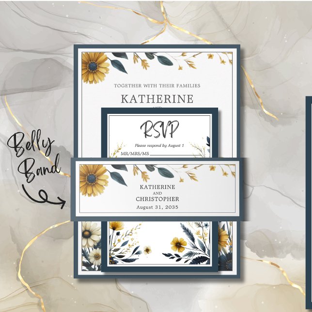 Cintas Para Invitaciones Flores salvajes amarillas azules elegante matrimon (Blue Gold Floral Wedding Belly Band to organize your wedding invitation package.)
