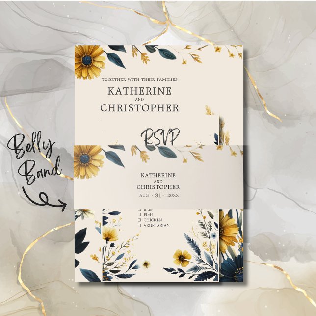 Cintas Para Invitaciones Flores silvestres acuáticas Boda beige elegante (Watercolor Floral Wedding Invitation Belly Band with Blue and Yellow Wildflowers.)