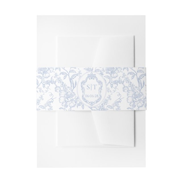 Cintas Para Invitaciones French Toile Blue Floral Chinoiserie Monogram (Anverso Ejemplo)