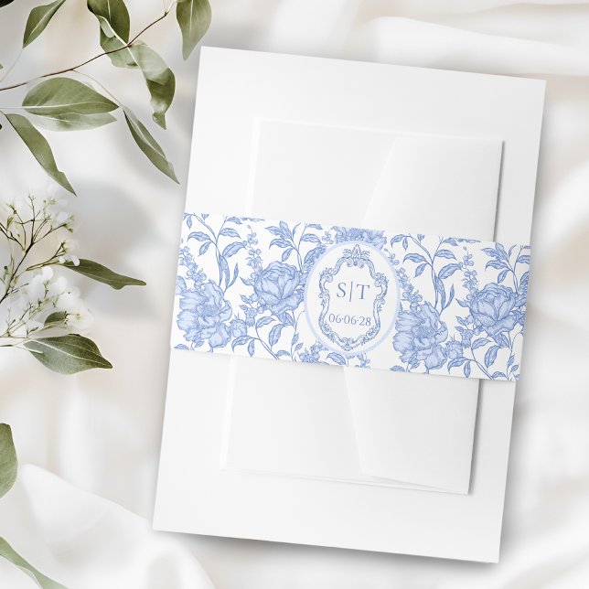 Cintas Para Invitaciones French Toile Blue Floral Chinoiserie Monogram (Subido por el creador)