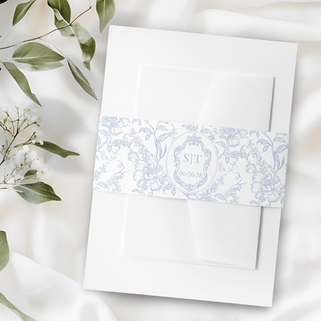 Cintas Para Invitaciones French Toile Blue Floral Chinoiserie Monogram (Subido por el creador)