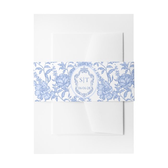 Cintas Para Invitaciones French Toile Blue Floral Chinoiserie Monogram (Anverso Ejemplo)