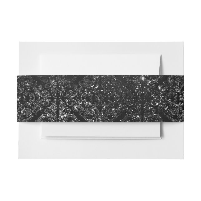 Cintas Para Invitaciones Glimmery Onyx Grunge | Silvery Black Glam Damask (Anverso Ejemplo)
