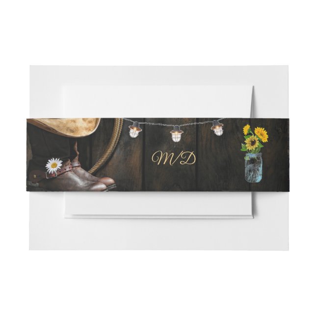 Cintas Para Invitaciones Gorra de Boots de País, Boda de Barnwood (Anverso Ejemplo)