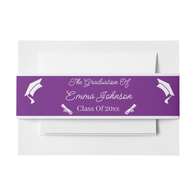 Cintas Para Invitaciones Graduación Púrpura Y Blanca Personalizada (Anverso Ejemplo)