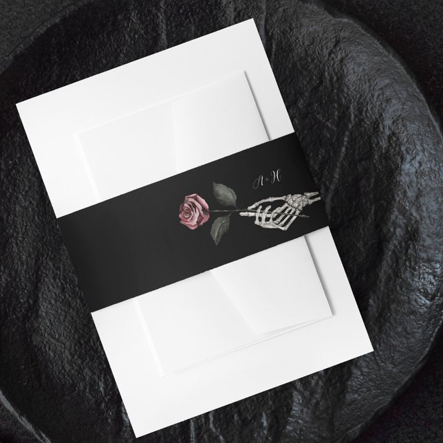 Cintas Para Invitaciones Halloween gótico Boda negro Rosa de mano (Gothic Halloween Black Wedding Skeleton Hand Rose Invitation Belly Band)