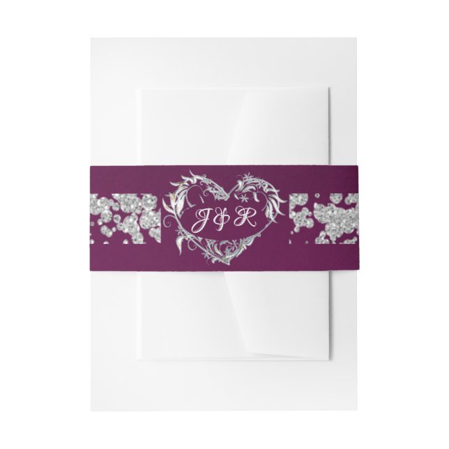 Cintas Para Invitaciones Heart Monogram & Glitter on Plum (Anverso Ejemplo)