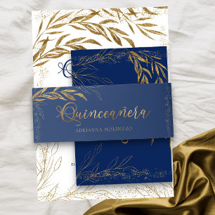 Cintas Para Invitaciones Hoja de oro azul real y Confetti Quinceanera