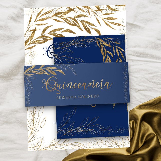Cintas Para Invitaciones Hoja de oro azul real y Confetti Quinceanera (Royal Blue Quinceanera invitation belly band from my Gold Leaf Quinceanera Collection)
