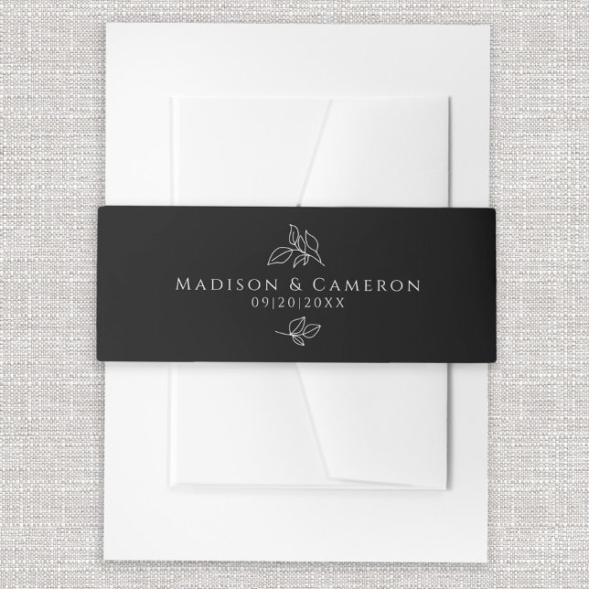 Cintas Para Invitaciones Hojas botánicas de la boda blanca y negra (Black & White Elegant Wedding Botanical Leaves Invitation Belly Band)