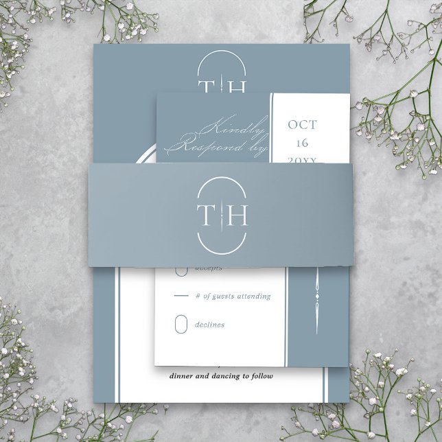 Cintas Para Invitaciones Iniciales monogramadas Boda azul turbio (Dusty Blue Monogrammed wedding invitation belly band  from my Wedding Colors Collection)