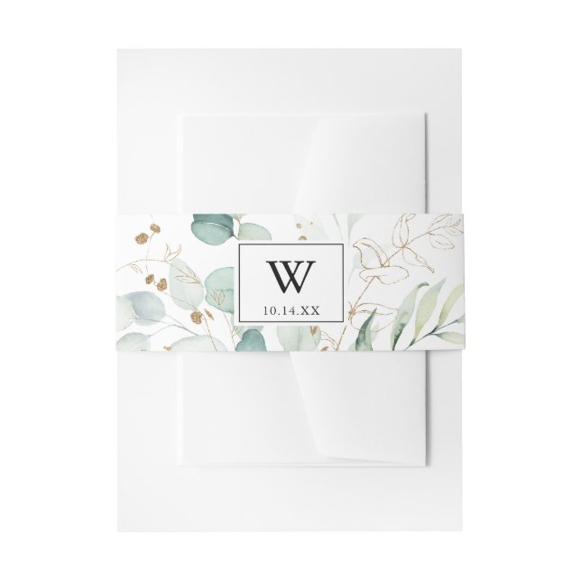 Cintas Para Invitaciones Invitación a bodas en monograma de oro de eucalipt (Anverso Ejemplo)