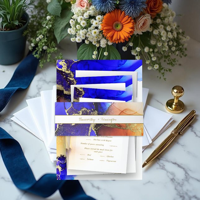 Cintas Para Invitaciones Invitación a la boda de la tinta del Naranja azul  (Unique Blue Orange Alcohol Ink Wedding Invitation Invitation Belly Band.)
