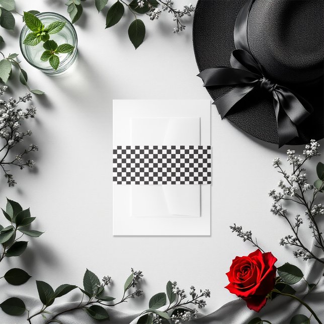 Cintas Para Invitaciones Invitación a patrones de cuadros negros y blancos (Black and White Checkered Pattern Invitation Invitation Belly Band)