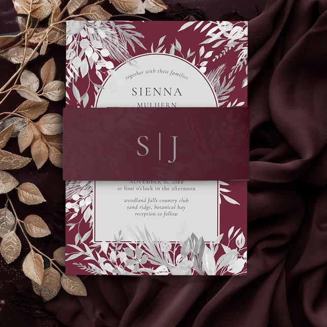 Cintas Para Invitaciones Invitación monogramada al follaje botánico de Borg (Wedding Invitation Belly Band in Burgundy and Grey from the Foliage Duet Collection by Darling & May)