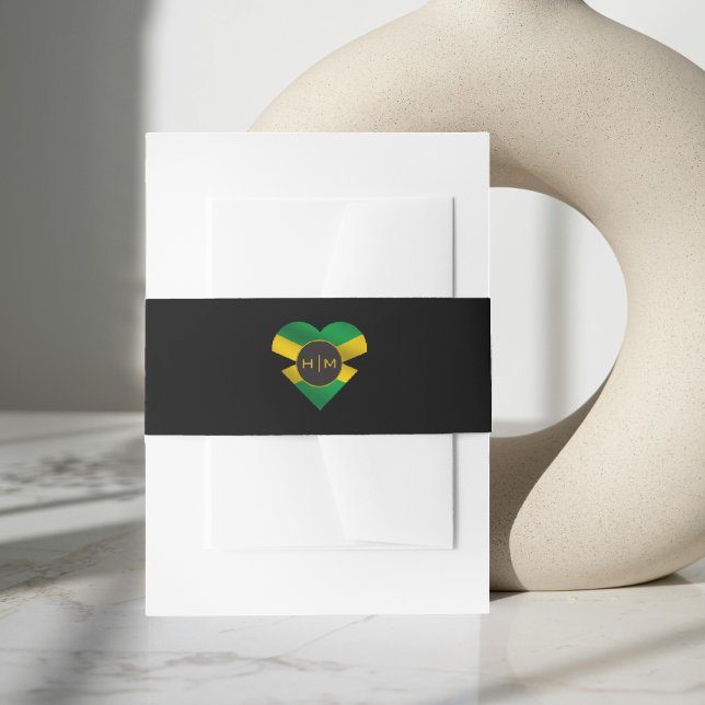 Cintas Para Invitaciones Jamaica: Boda del Monograma de Bandera Jamaiquina (Jamaica Jamaican Flag Heart Monogram Wedding Invitation Belly Band)