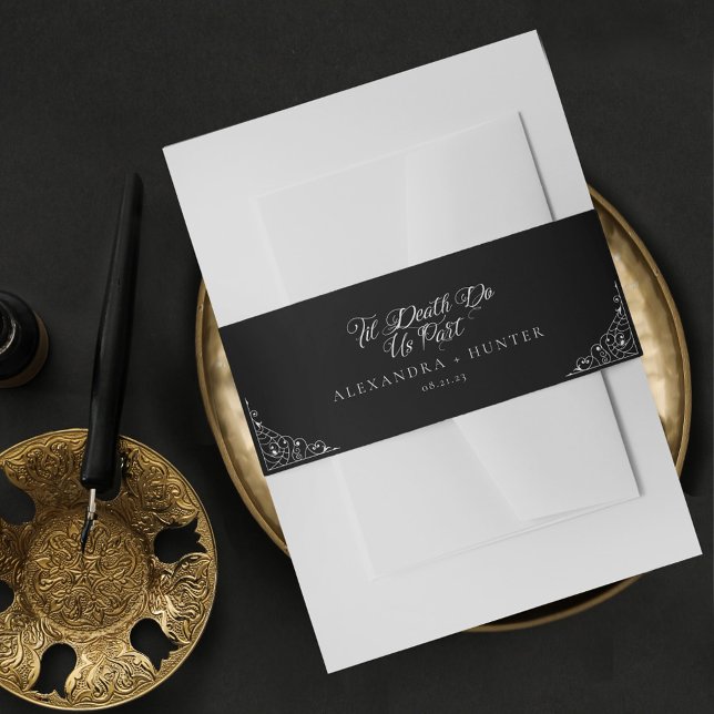 Cintas Para Invitaciones La muerte nos hace parte de Halloween Boda gótico  (Death Do Us Part Halloween Gothic Wedding Black Invitation Belly Band)