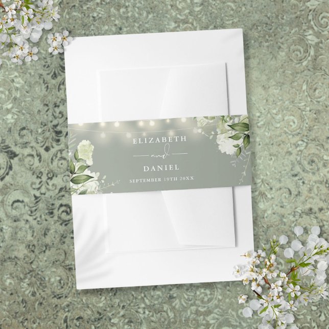 Cintas Para Invitaciones Luces de Cadena de Verde Salvia para Bodas (Sage Green Greenery String Lights Wedding Invitation Belly Band)