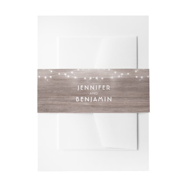 Cintas Para Invitaciones Luces de Cadena y Boda de Madera Rústica (Anverso Ejemplo)