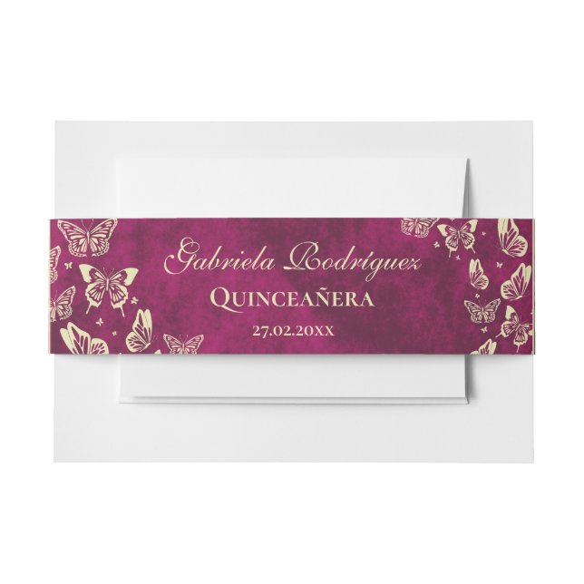 Cintas Para Invitaciones Mariposa de Oro Rosa Girly Quinceañera de 15 años (Anverso Ejemplo)