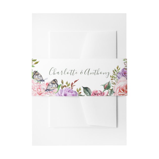 Cintas Para Invitaciones Mariposa floral elegante rosa verde  (Anverso Ejemplo)