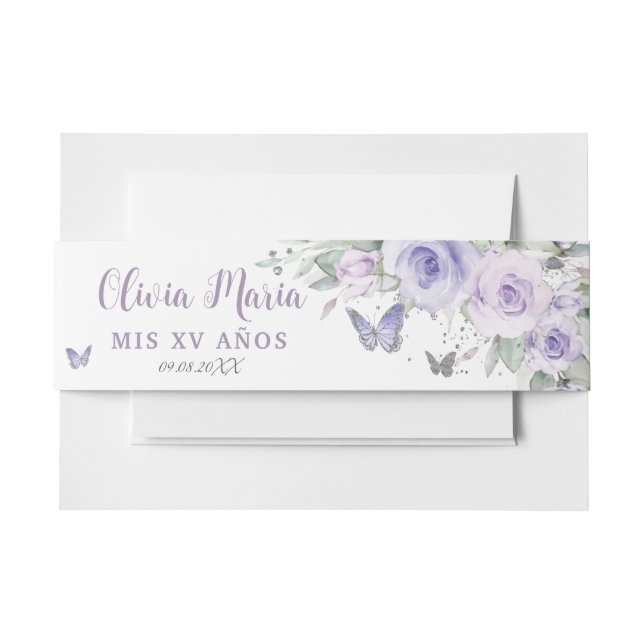 Cintas Para Invitaciones Mariposas Florales Púrpura Lavanda Quince Sweet 16 (Anverso Ejemplo)
