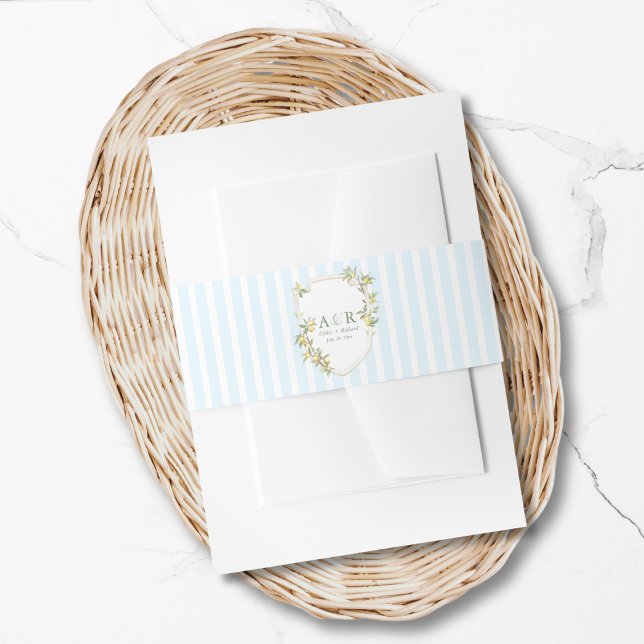 Cintas Para Invitaciones Mediterranean Coastal Lemon Wedding (elegant mediterranean lemon crest coastal pale blue white stripe wedding invitation belly band)
