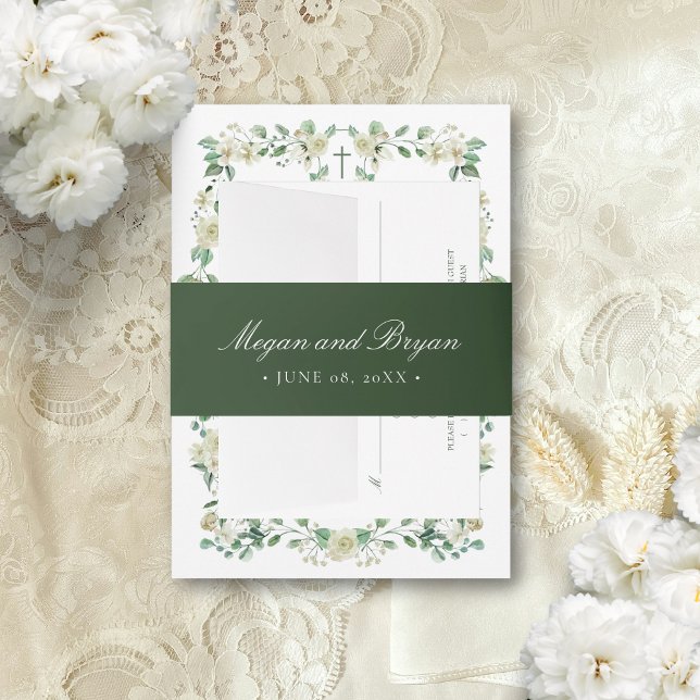 Cintas Para Invitaciones Megan Elegant Simple Sage Green Names Boda (Forest green belly band pictured assembled with the Megan Catholic wedding invitation suite.)
