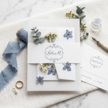 Minimalista Cresta Iniciales Azul Real Floral Vint