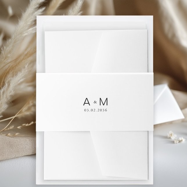 Cintas Para Invitaciones Mínimo Monograma Blanco (Minimal Monogram White Invitation Belly Band with your monogram and date.)
