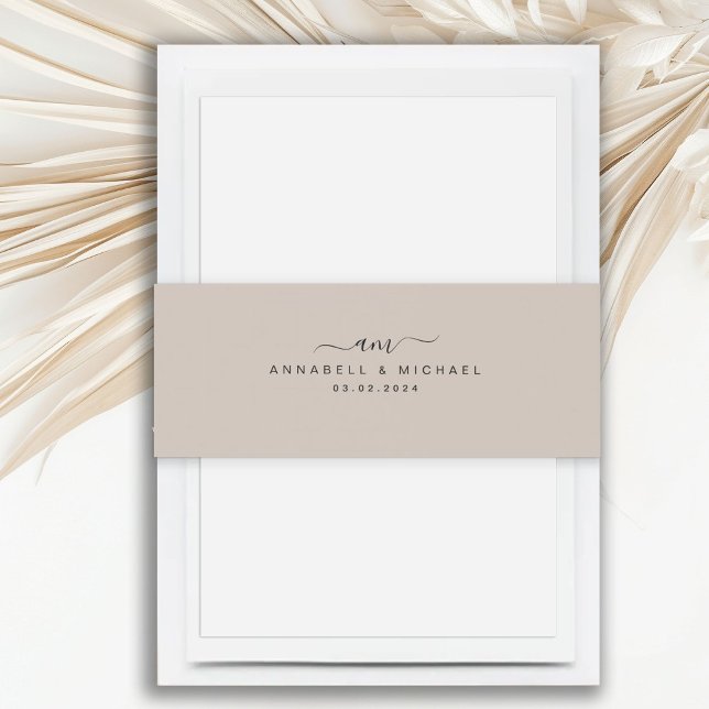 Cintas Para Invitaciones Mínimo, monograma, letra de escritura a mano, Boda (Minimal, Monogram, Handwriting Font, Wedding Invitation Belly Band)