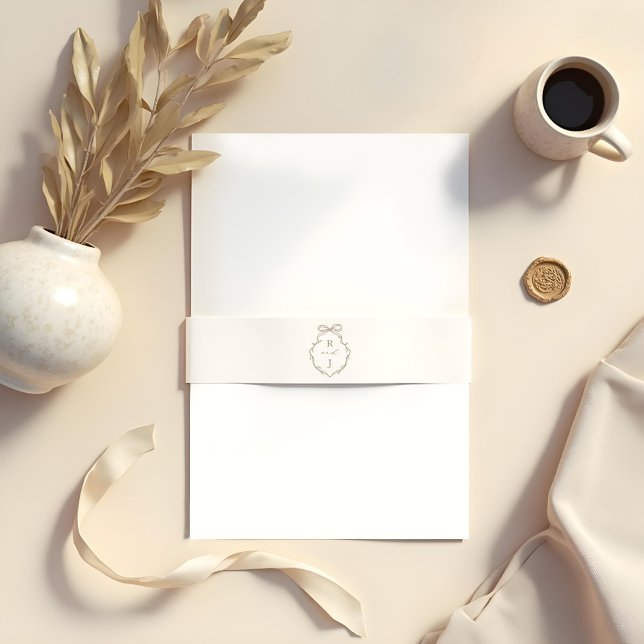 Cintas Para Invitaciones Moda Beige Mano Dibujada Bow & Ribbon Monograma Es (Chic Blue Hand Drawn Bow & Ribbon Monogram Crest Invitation Belly Band)