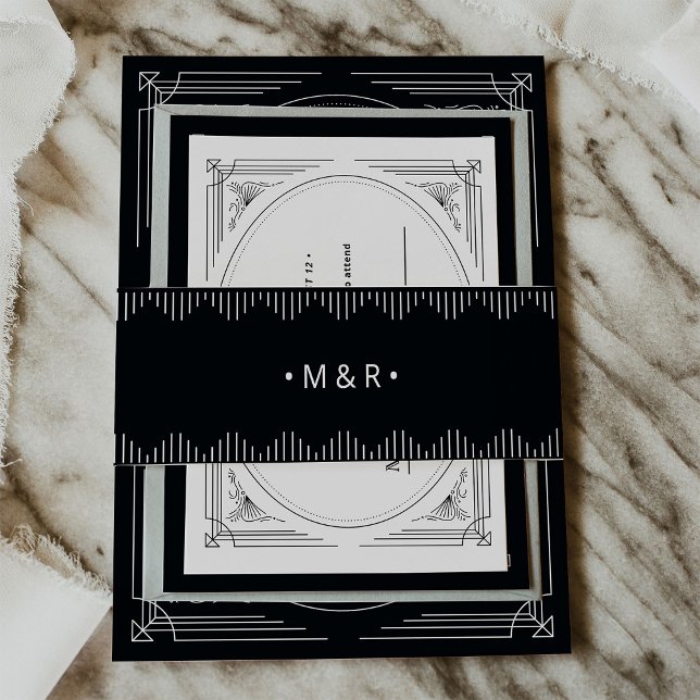 Cintas Para Invitaciones Modern Deco | Elegant Onyx Black with Monograms (Subido por el creador)