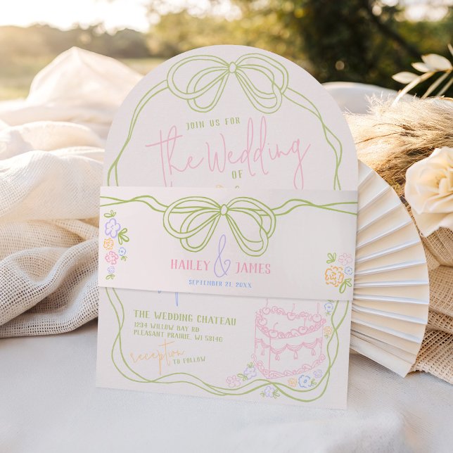 Cintas Para Invitaciones Modern quirky hand drawn bow PASTEL retro wedding (Modern quirky hand drawn arch colorful green pastel bow frame ivory wedding invitation belly band)