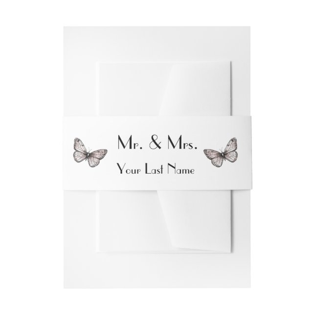 Cintas Para Invitaciones Modern Simple Pink Butterflies  Mr + Mrs  (Anverso Ejemplo)
