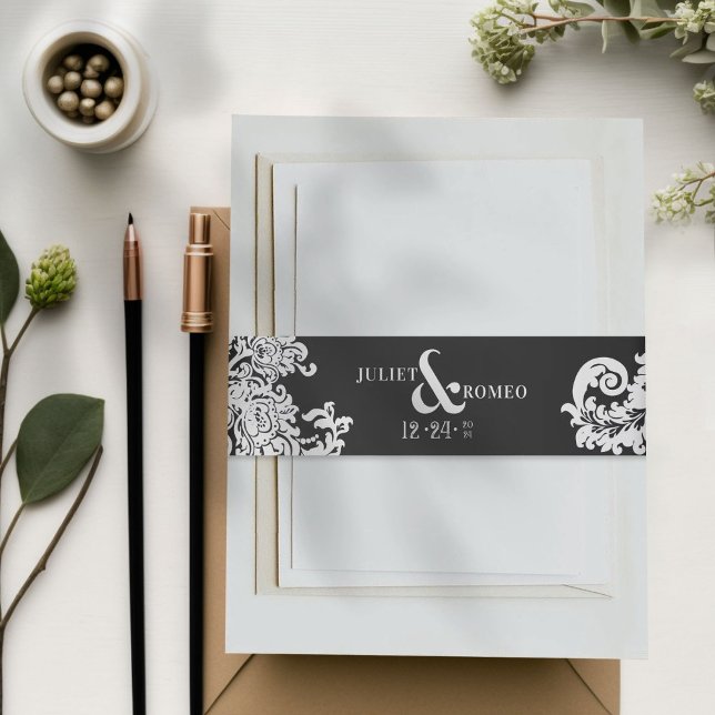 Cintas Para Invitaciones Moderna Boda de Damasco floral elegante en blanco  (elegant black and white floral damask wedding couple belly band for wedding invitation suite)