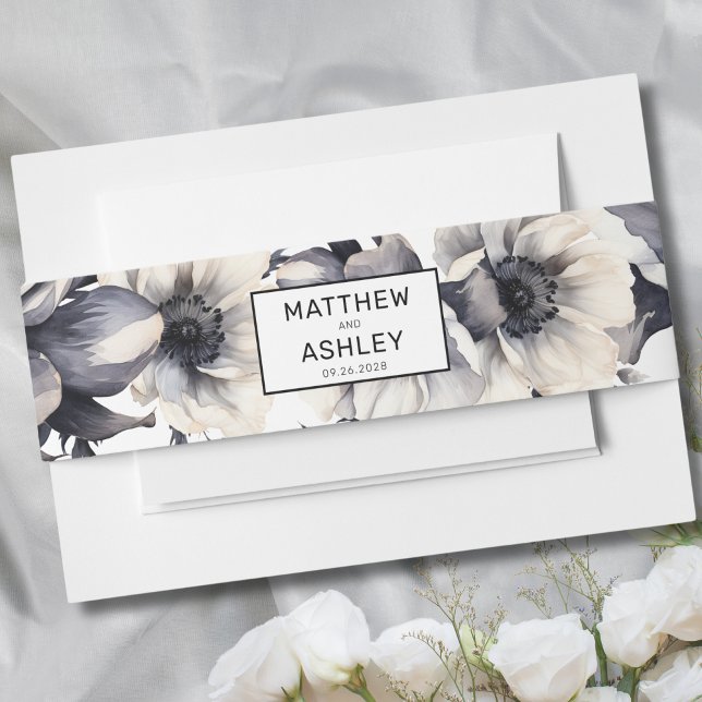 Cintas Para Invitaciones Moderno Boda elegante de flor blanca negra (Chic Modern Elegant Floral Black White Wedding Invitation Belly Band)