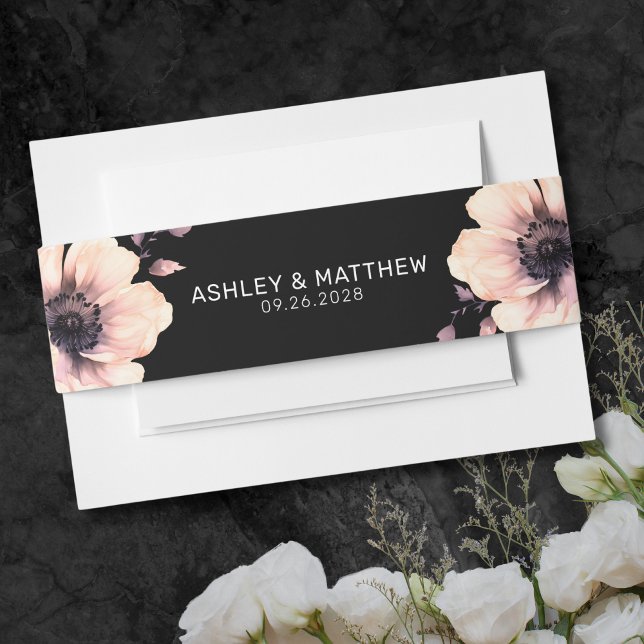 Cintas Para Invitaciones Moderno Boda elegante de flor rosa negro (Modern Elegant Black Pink Floral Wedding Invitation Belly Band)