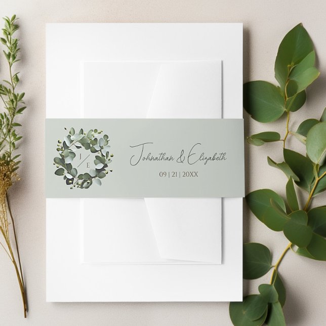 Cintas Para Invitaciones Moderno Monograma Eucalyptus Wreath | Verde salvia (Sage Green Modern Monogram Eucalyptus Wreath Wedding Invitation Belly Band)