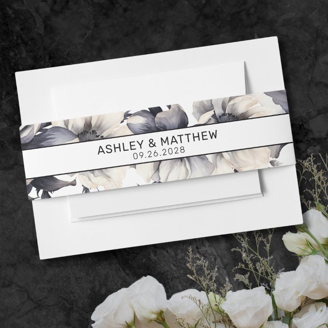 Cintas Para Invitaciones Moderno Y Blanco Negro Elegante Boda Floral (Black And White Modern Elegant Floral Wedding Invitation Belly Band)